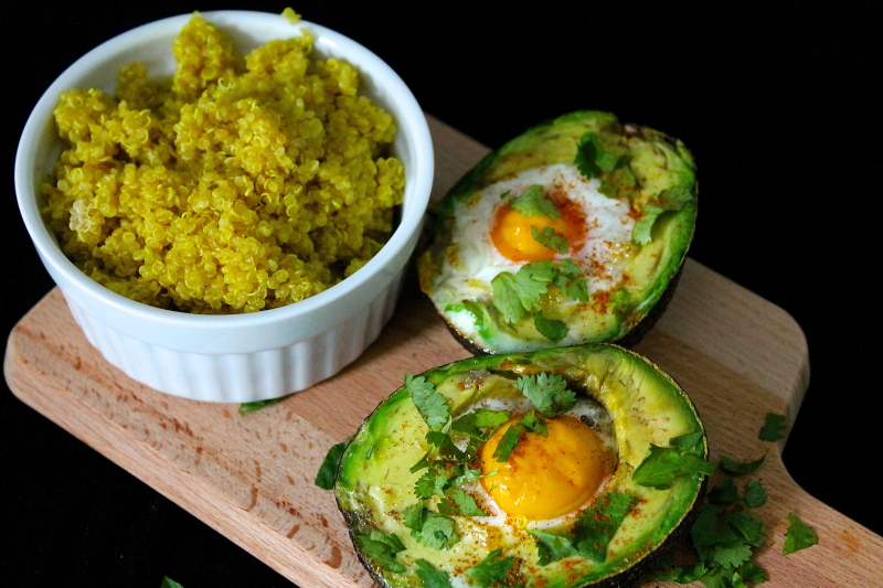 Baked Eggs in Avocado with Spiced Turmeric Quinoa